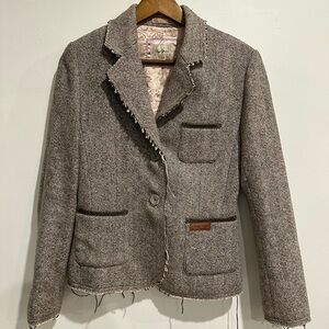 PEPE JEANS Wool Blend‎ Boho Distressed Fringe Elbow Patch Blazer Size M